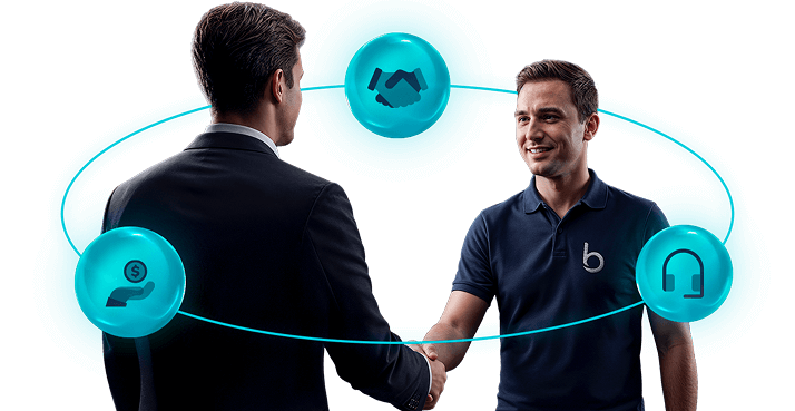 Dois homens dando a mão como quem firma um contrato e vários ícones em volta simbolizando confiança