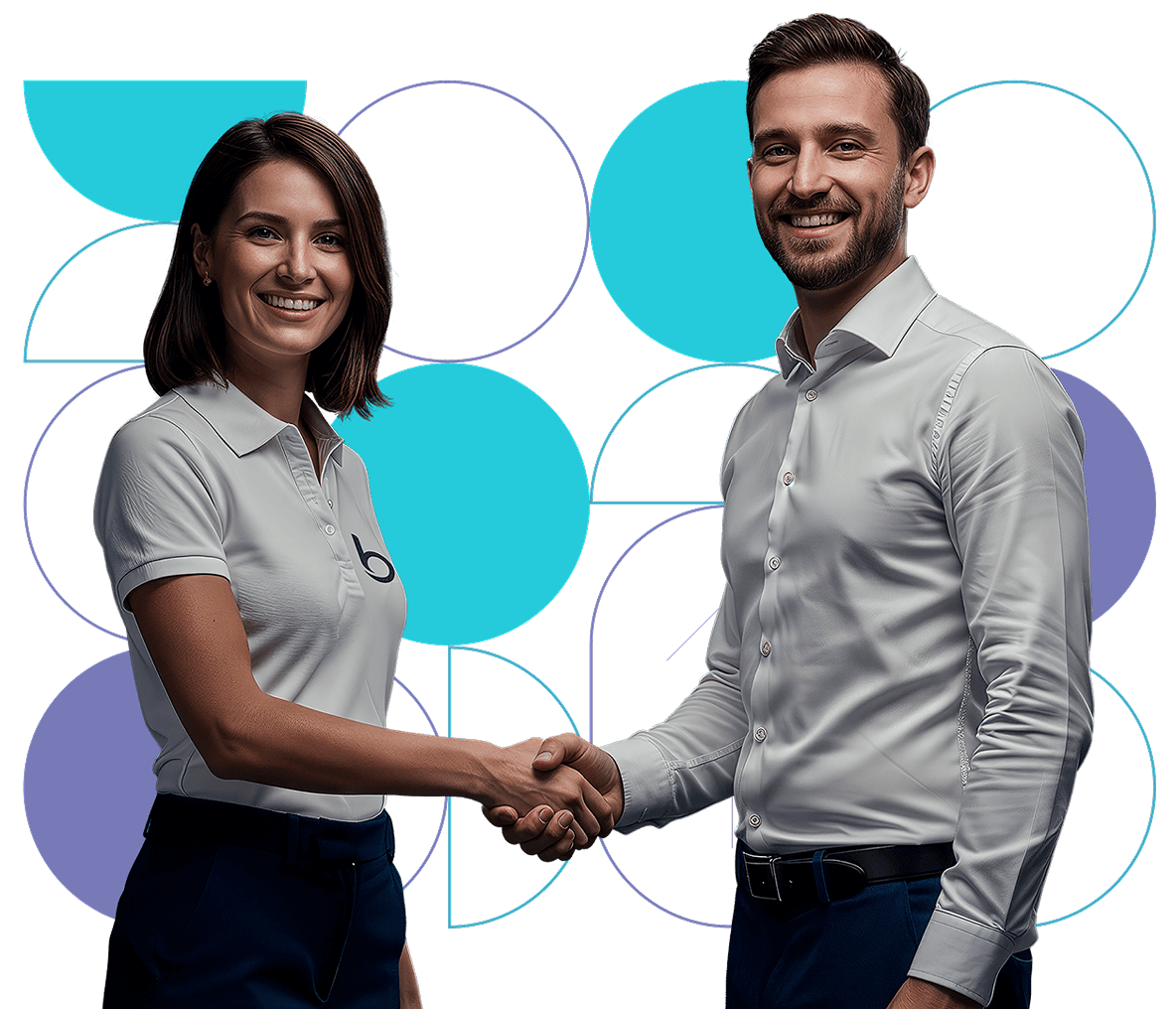 Uma mulher com a roupa da Bevi cumprimentando um homem como quem conhece alguém