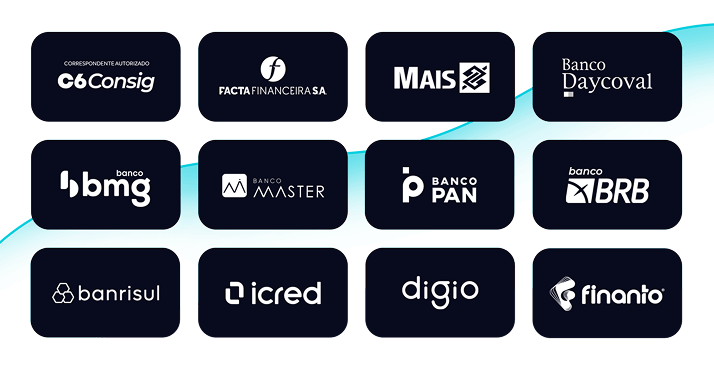 Vários quadrados com logos de financeiras, são elas: C6 Consignado, Facta Financeira S.A., Mais BB, Banco Daycoval, Banco BMG, Banco Master, Banco Pan, Banco BRB, Banrisul, Icred, Digio, Finanto