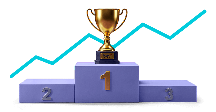 Um trofeu em cima de um pódio, como o primeiro lugar, com uma linha de gráfico crescente logo atrás do pódio