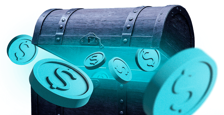 Um grande baú com brilho e várias moedas saindo de dentro dele